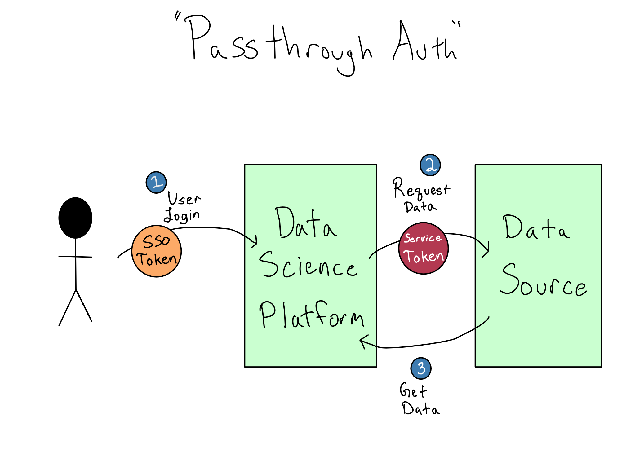 The user logs into the data science platform with an SSO token and then can automatically access the data source with the proper token.